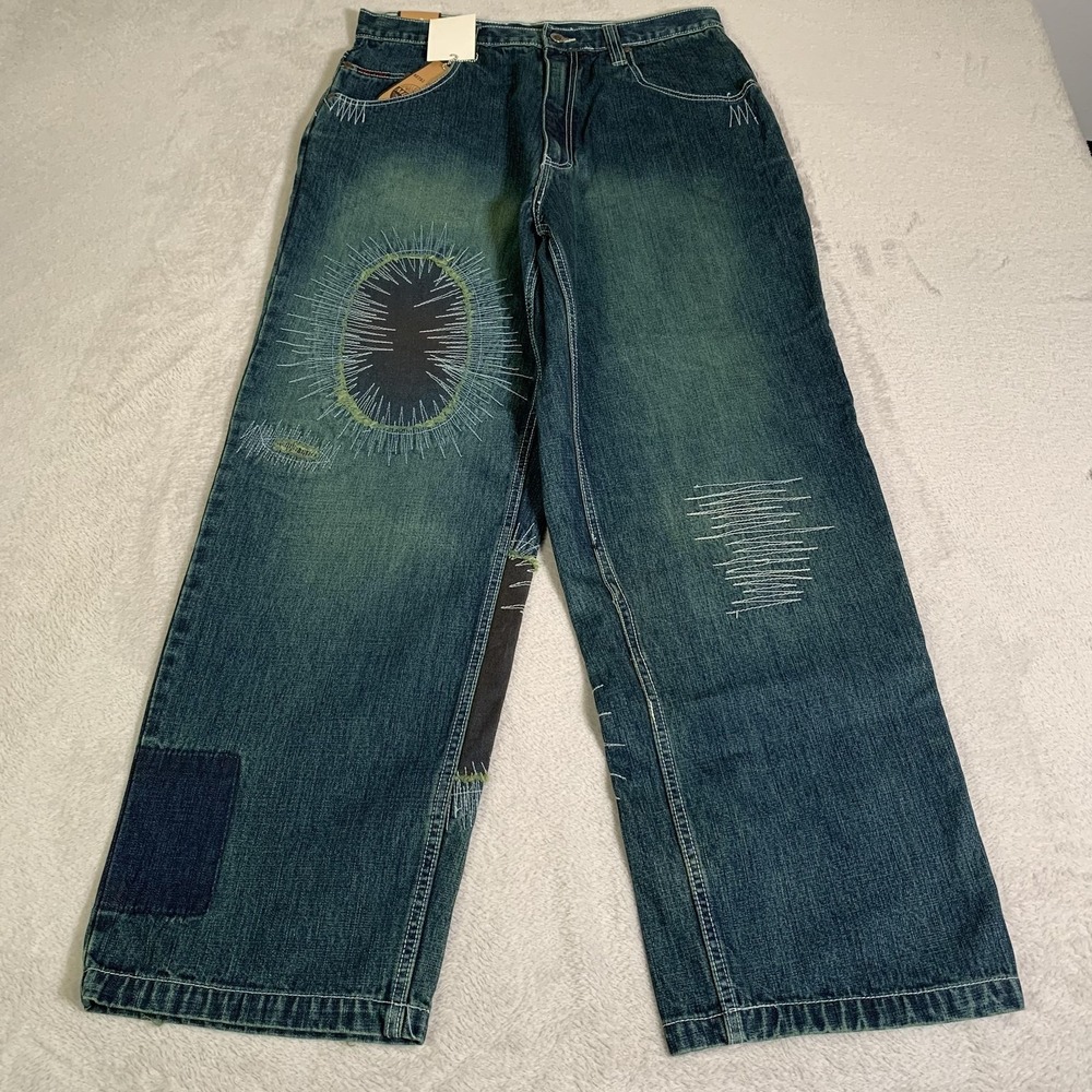 Vintage Y2K Metal Jeans 32x30‎ Baggy Wide Leg Skater Raver Patchwork Embroidered